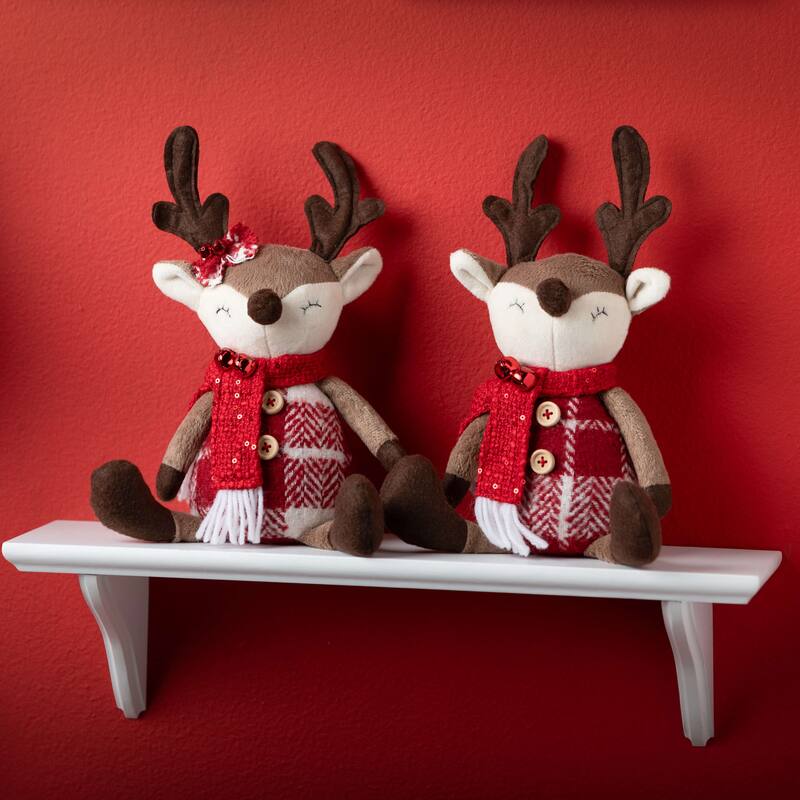 12.25"H Sullivans Christmas Plush Sitting Reindeer Set of 2, Multicolor