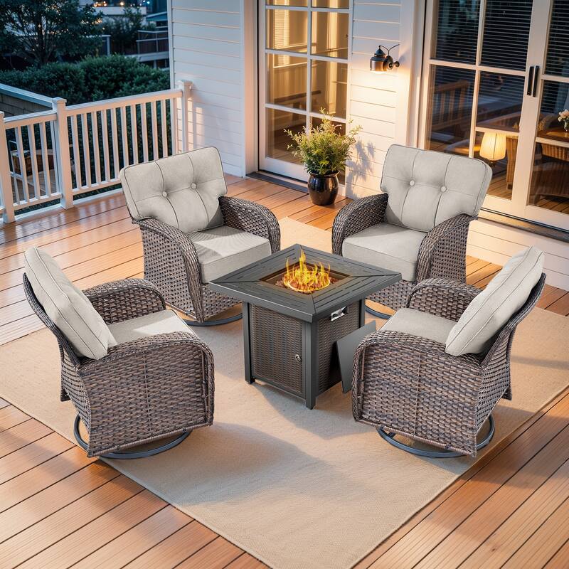 Pocassy Outdoor 30 In Fire Table with Swivel Chair Set - Brown Wicker Beige Cushion - 4-Piece Swivel Chair with Fire Pit Table