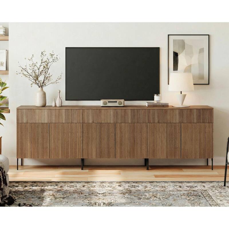 31.5" Modern Reeded TV Stand With Doors, Entertainment Center With Shelf, Wooden TV Console - 3PCS - Walnut