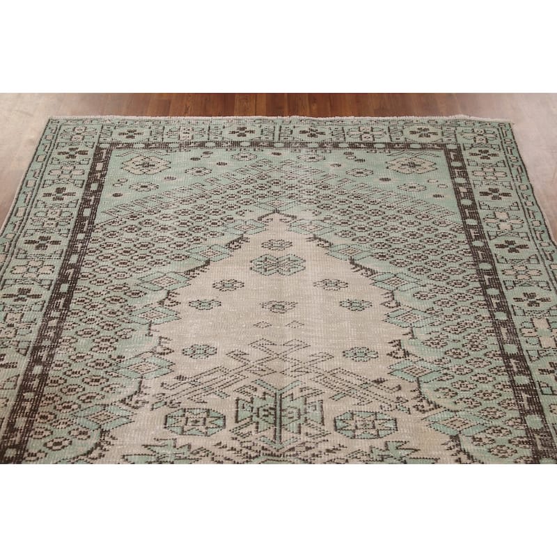 Distressed Anatolian Turkish Rug Hand-Knotted Green Wool Carpet - 5'7" x 9'1"
