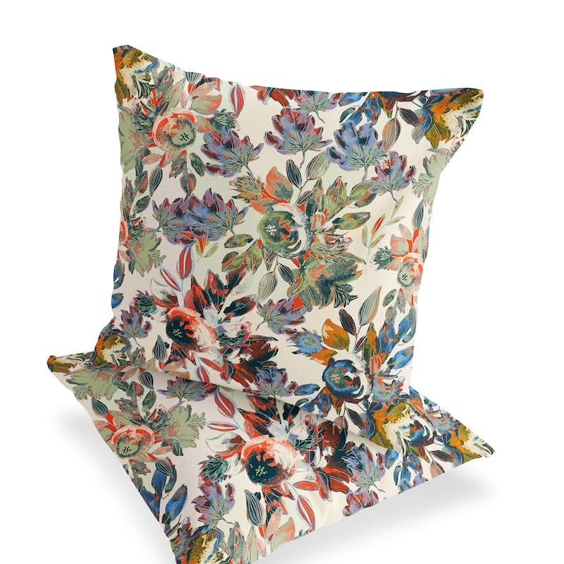 HomeRoots Set of Two 16" X 16" Beige and Green Blown Seam Floral Indoor Outdoor Throw Pillow - 16.00' X '16.00' X '5.00