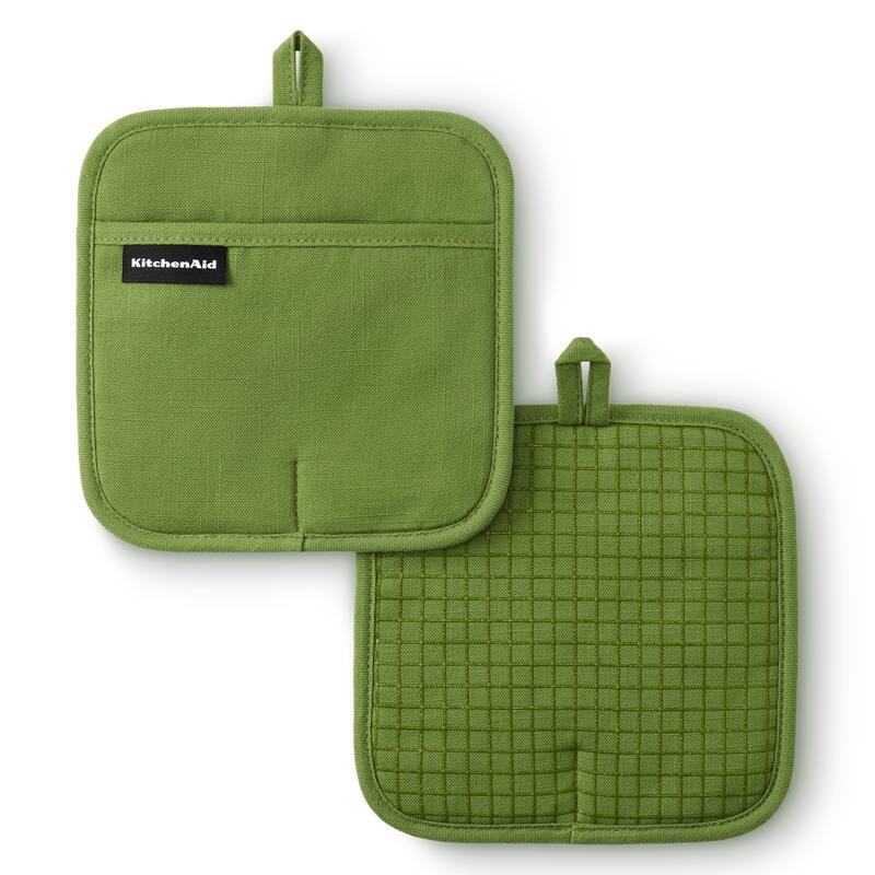 KITCHENAID Gourmet Series Gridlines Pot Holders 2-Pack Set, Heat Resistant up to 600°F, Soft Silicone Grip, Magnetic Cuff - Matcha Green