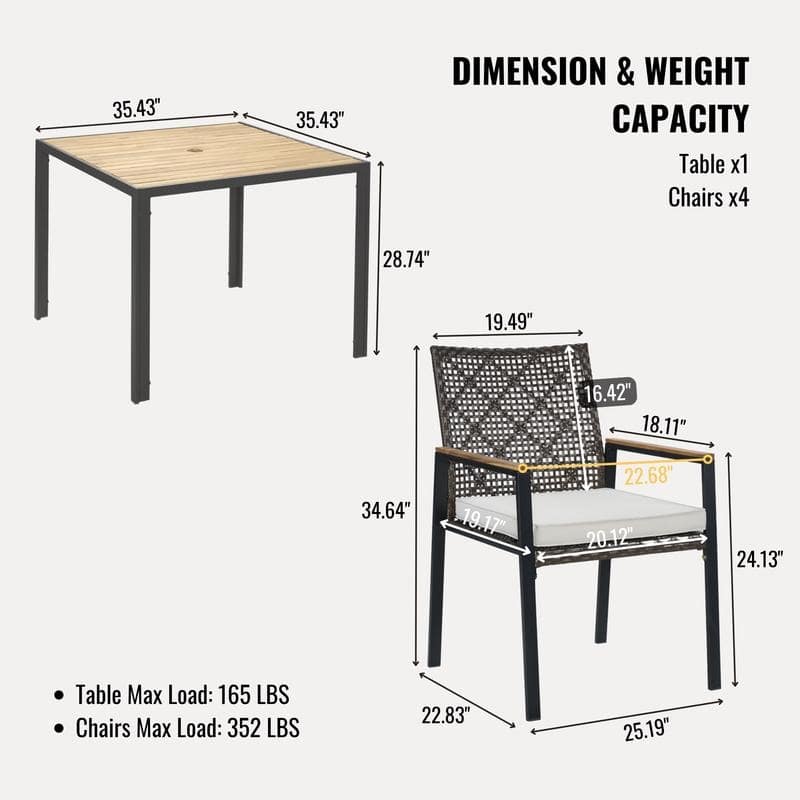 All Weather 5-Piece Patio Dining Table Set, Acacia Wood Top with Umbrella Hole, Rattan Outdoor Conversation Set