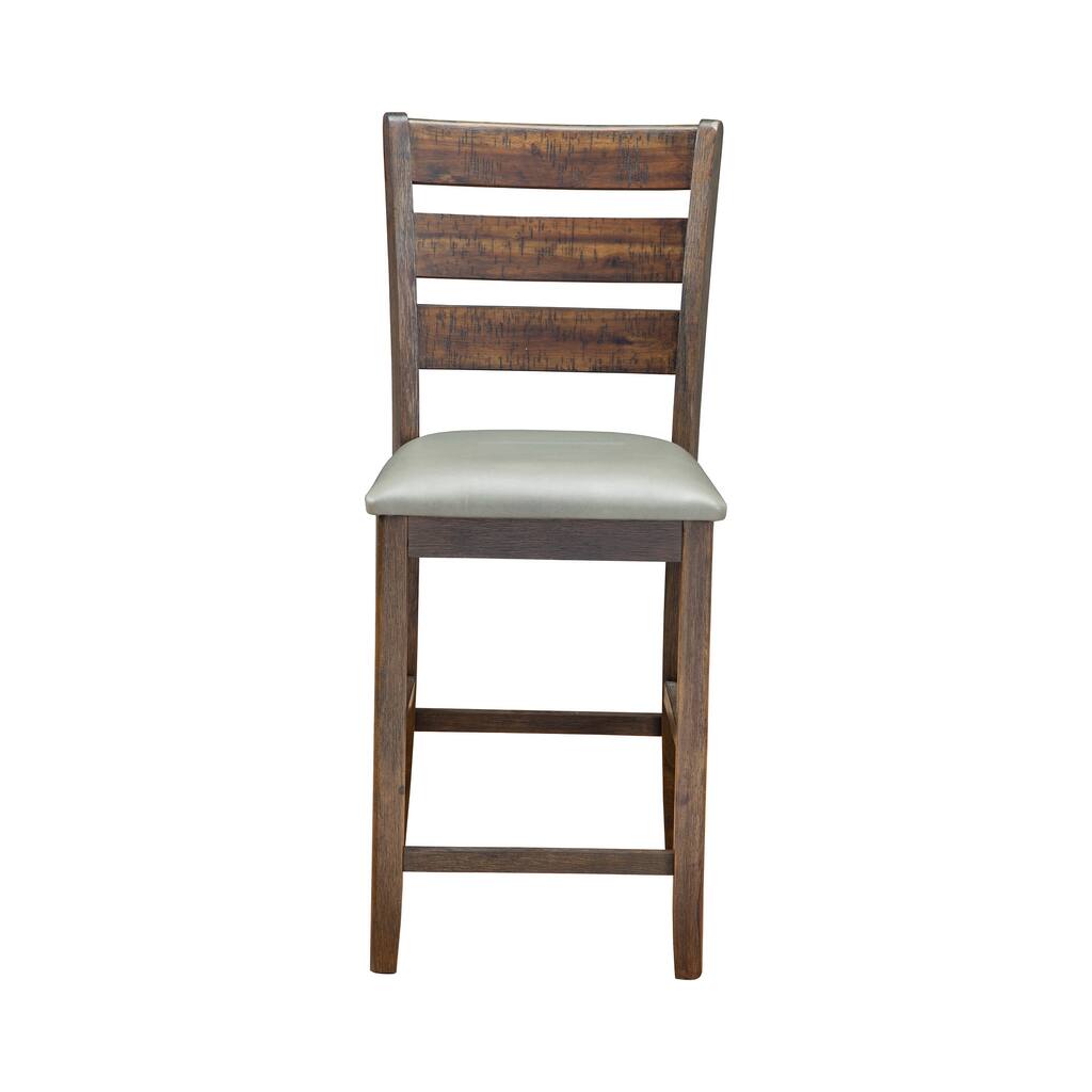 Wooden Pub Height Chairs With Slatted Back and Footrest, Set of Two, Brown and Gray