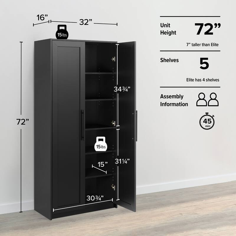 Prepac Elite Premium Home Storage Cabinet with Panel Doors 16" D x 32" W x 72" H - 32 in W x 72 in H x 16 in D