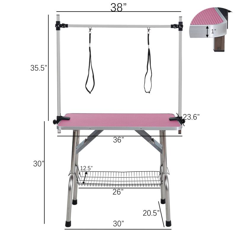 36" Folding Dog Pet Grooming Table Stainless Steel Frame Rubber Mat on Board with Adjustable Arm pet dog Cat Grooming Table