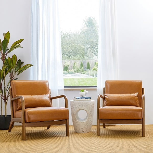 slide 2 of 39, Glitzhome Set of 2 30.75"H Mid-Century Modern PU Leather Accent Chairs with Cushion - 25.75"W x 33.75"D x 30.75"H Camel