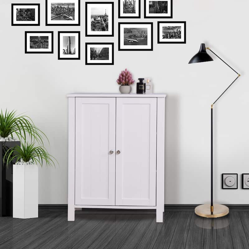 Anmytek White Bathroom Floor Storage Cabinet Double Door Adjustable Shelf