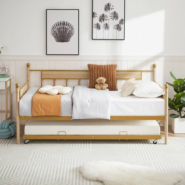 slide 2 of 12, Twin Oak Legs & Steel Combination Daybed Bed Frame with Trundle, Golden Golden - Twin