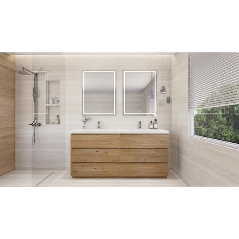Angeles 72 natural oak finish freestanding bath vanity with dual basin reinforced acrylic top