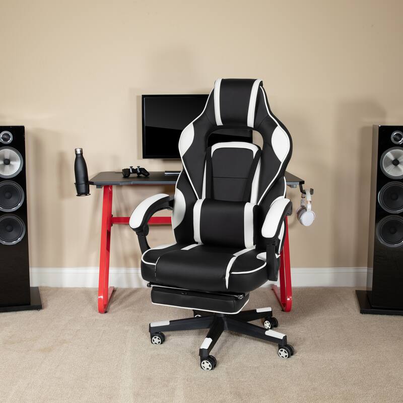Gaming Bundle-Cup/Headphone Desk & Reclining Footrest Chair - White