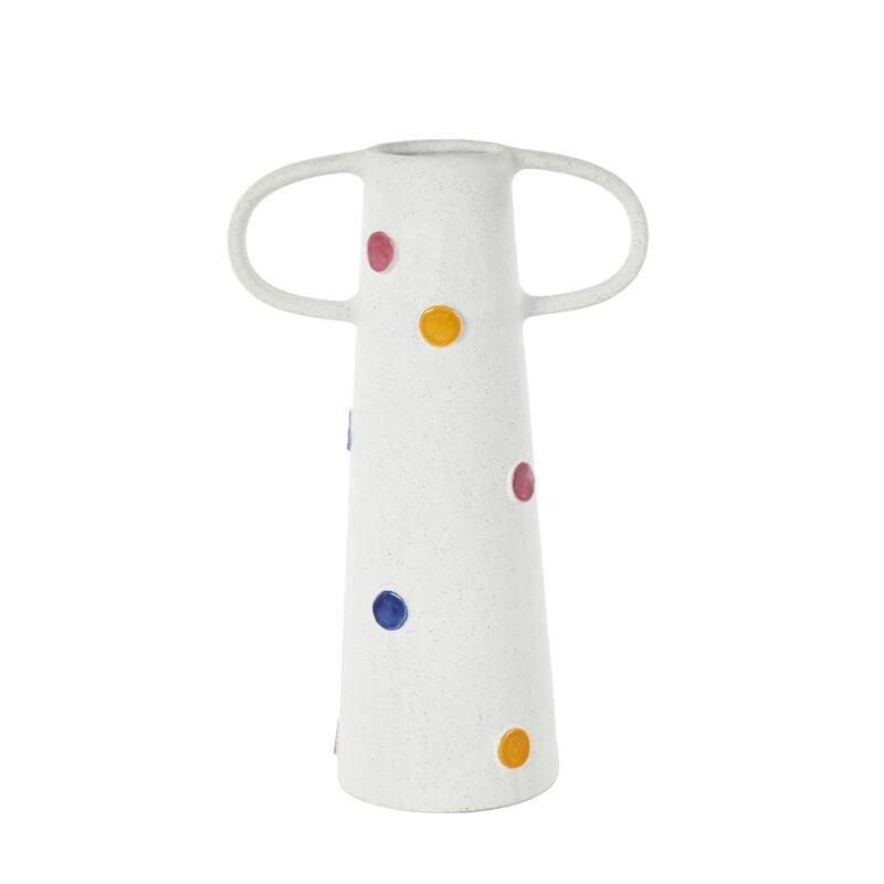 Ceramic Slim Cone Vase with Multicolor Spots and Handles - White - Roche River Decor