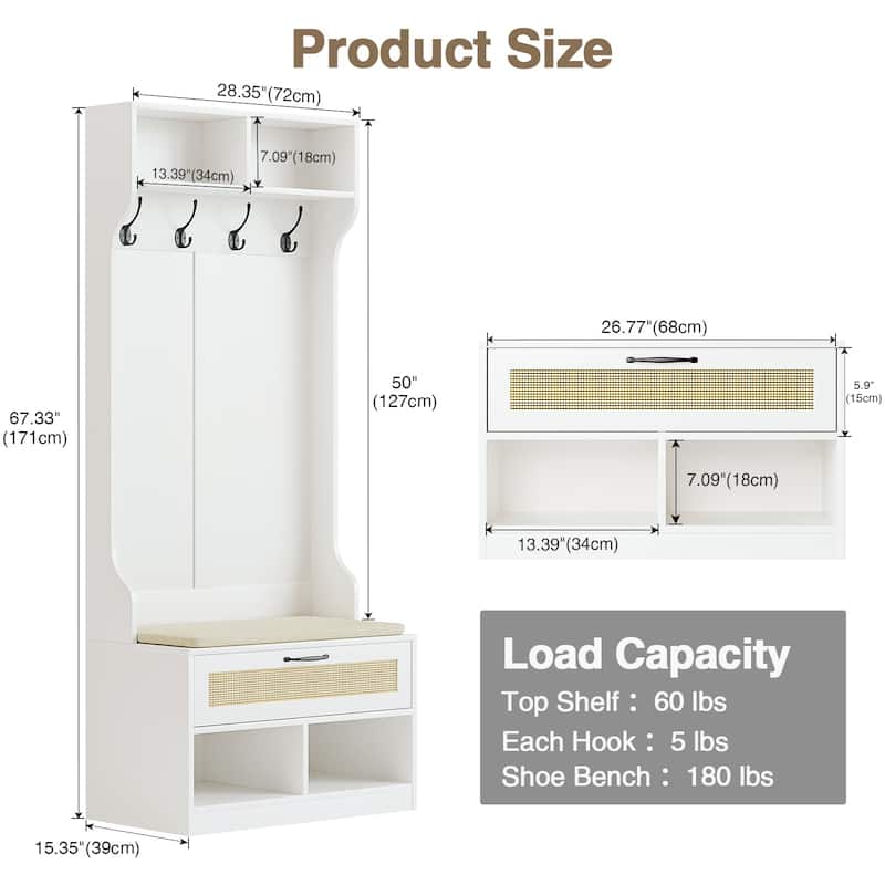 Anmytek 67" 3-In-1 Hall Tree Shoe Storage Bench and Coat Rack with 4 Hooks and 6 Compartments for Entryway