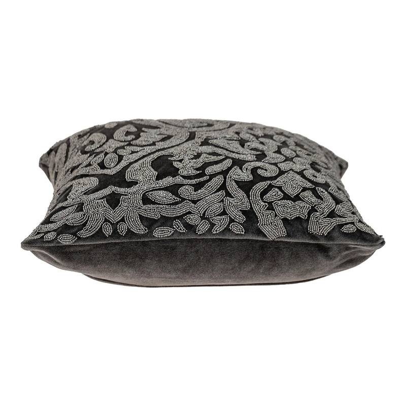 HomeRoots 18" Gray and Silver Damask Velvet Throw Pillow With Beads