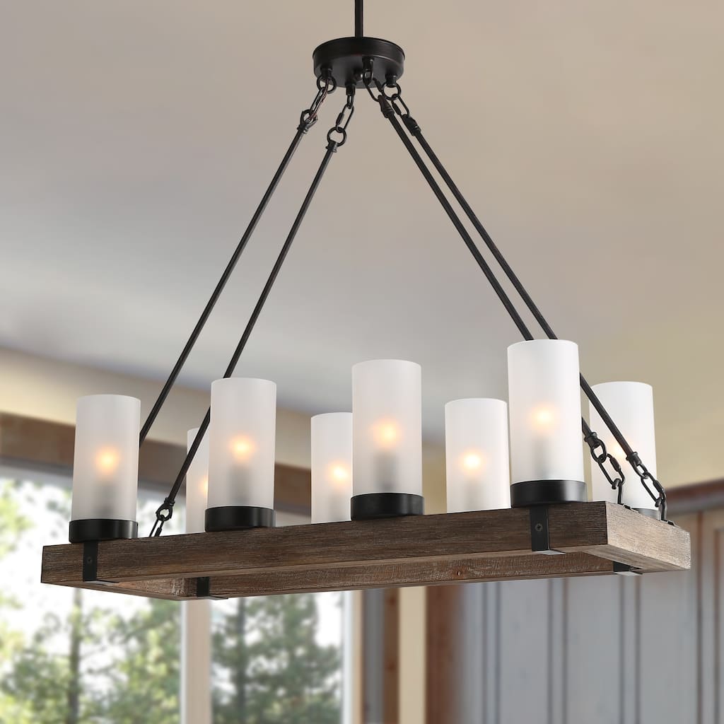 Farmhouse 8-Light Wood Chandelier Frosted Glass Kitchen Island Lights - 30"L x 12"W x 27.5"H