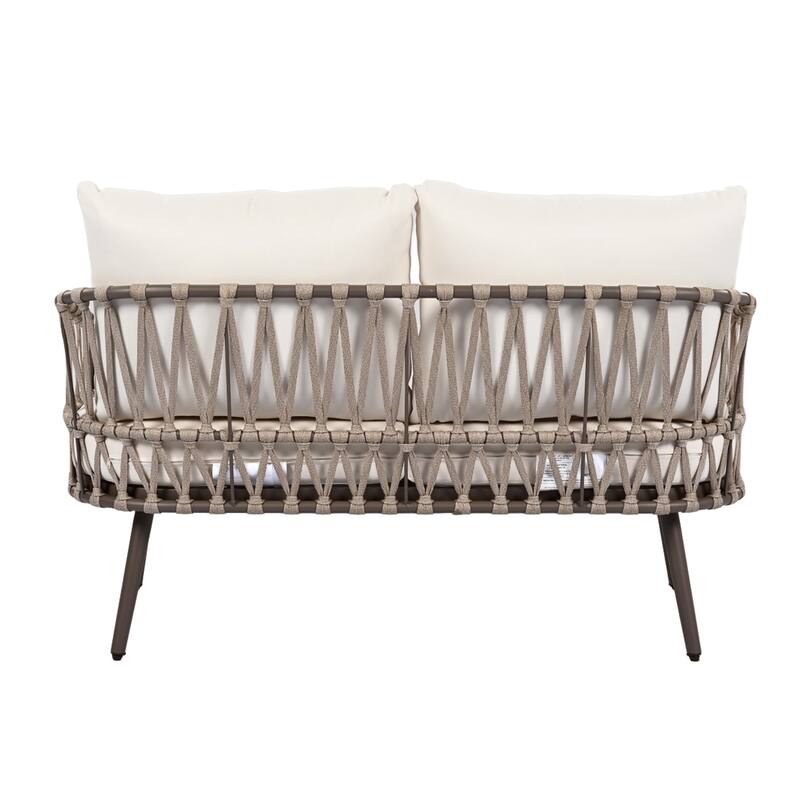 Modern 4-Piece Patio Conversation Set with Woven Rope Backrest, Acacia Coffee Table and Cushions, Outdoor Furniture
