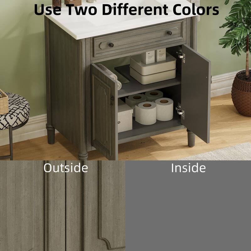 31" Bathroom Vanity with Sink, Rustic Bathroom Cabinet with Soft Close Doors and Adjustable Shelf, Curved Profile Design