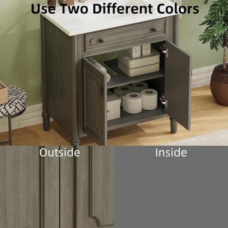 Roomfitters 31" Vintage Bathroom Vanity with Sink, Rustic Cabinet with Soft-Close Doors, Adjustable Shelf and Curved Design