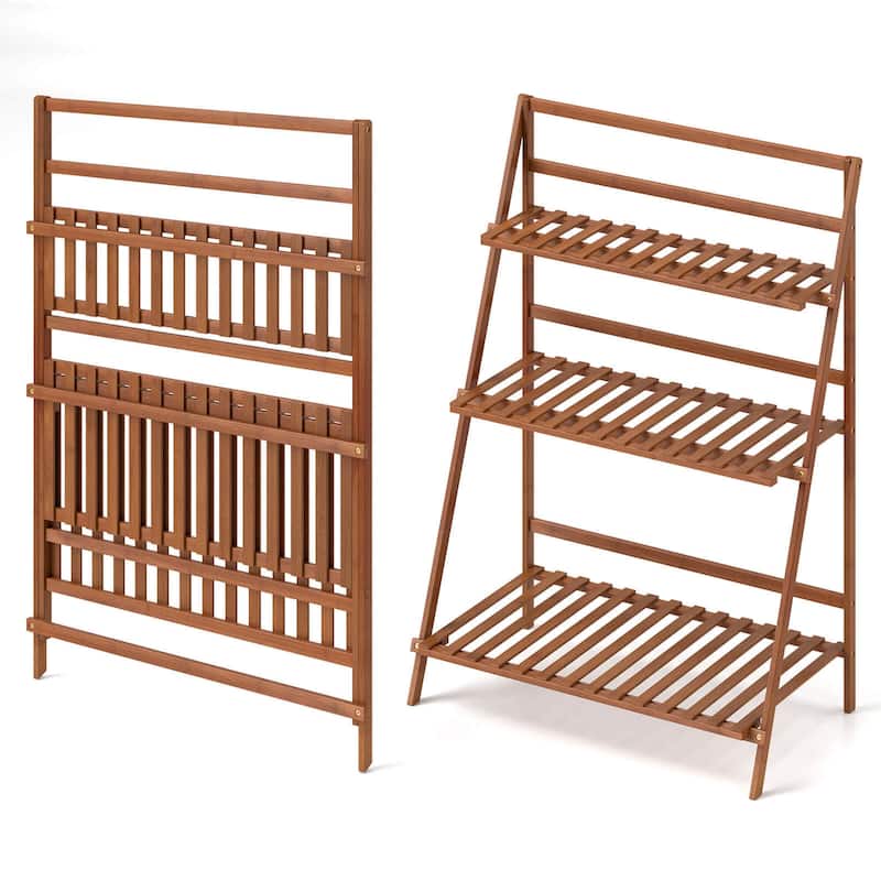 Costway 3 Tier Folding Shelf Stand Bamboo Flower Pot Display Rack - 27.5''x16''x38''(LxWxH)