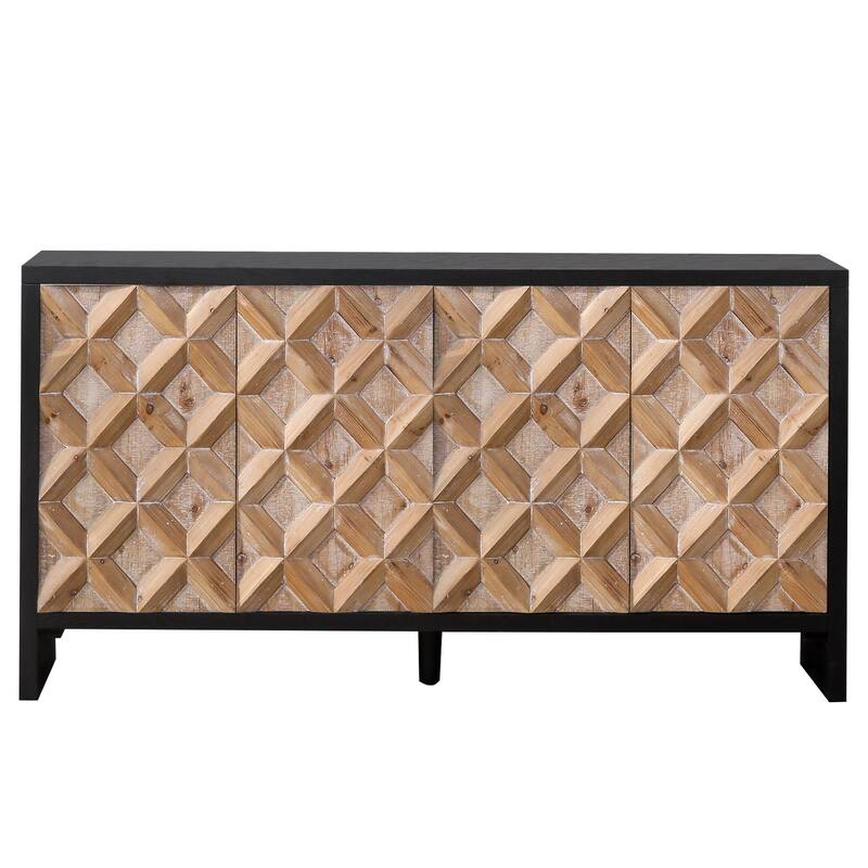 Rustic 4-Door Wood Storage Cabinet Buffets with Geometric Pattern,Adjustable Shelves Natural Wood Sideboard Cabinet