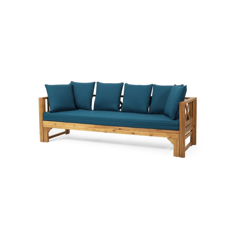 Outdoor 3-Seater Acacia Wood Sofa w/ Cushions, Extendable Patio Daybed