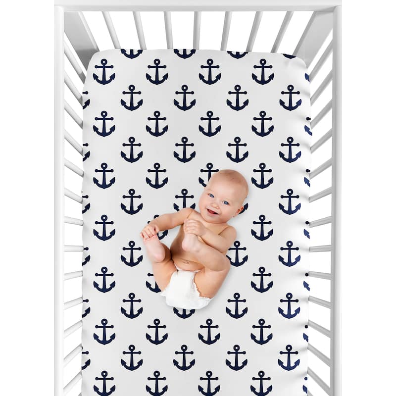 Navy Blue White Anchors Boy Girl Fitted Crib Sheet - Nautical Theme Ocean Sailboat Marine Sailor Anchor Unisex Gender Neutral