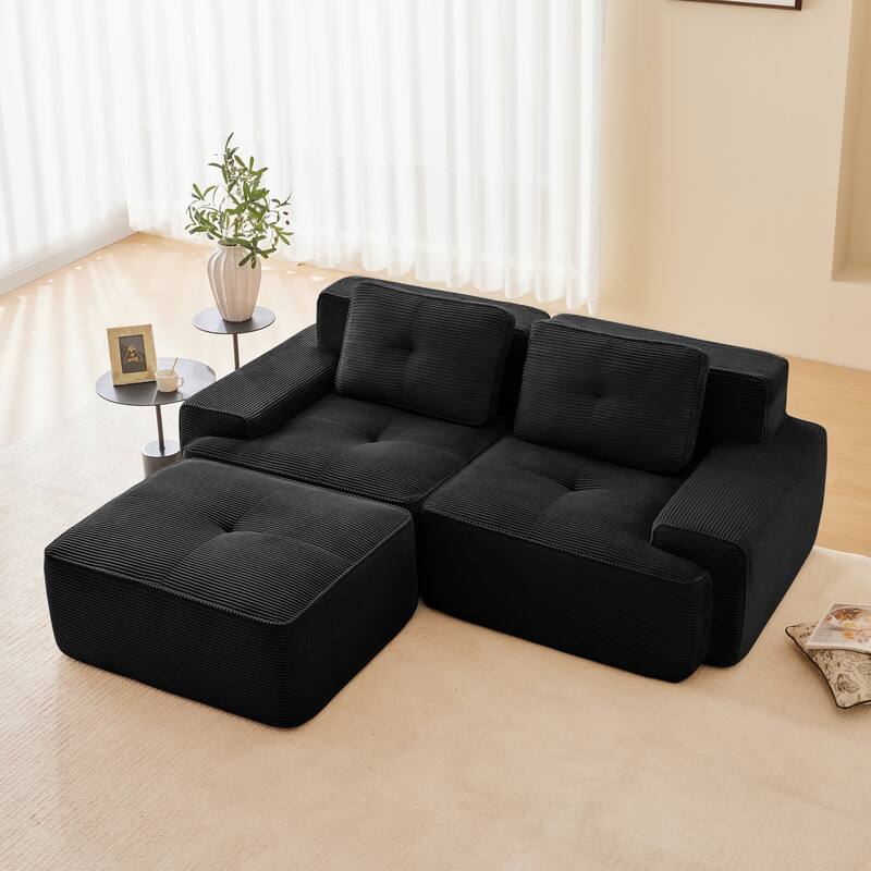 Roomfitters 82" Modular L-Shape Sectional Sofa, Corduroy Cloud Couch with Ottoman & Pearl Piping - Black