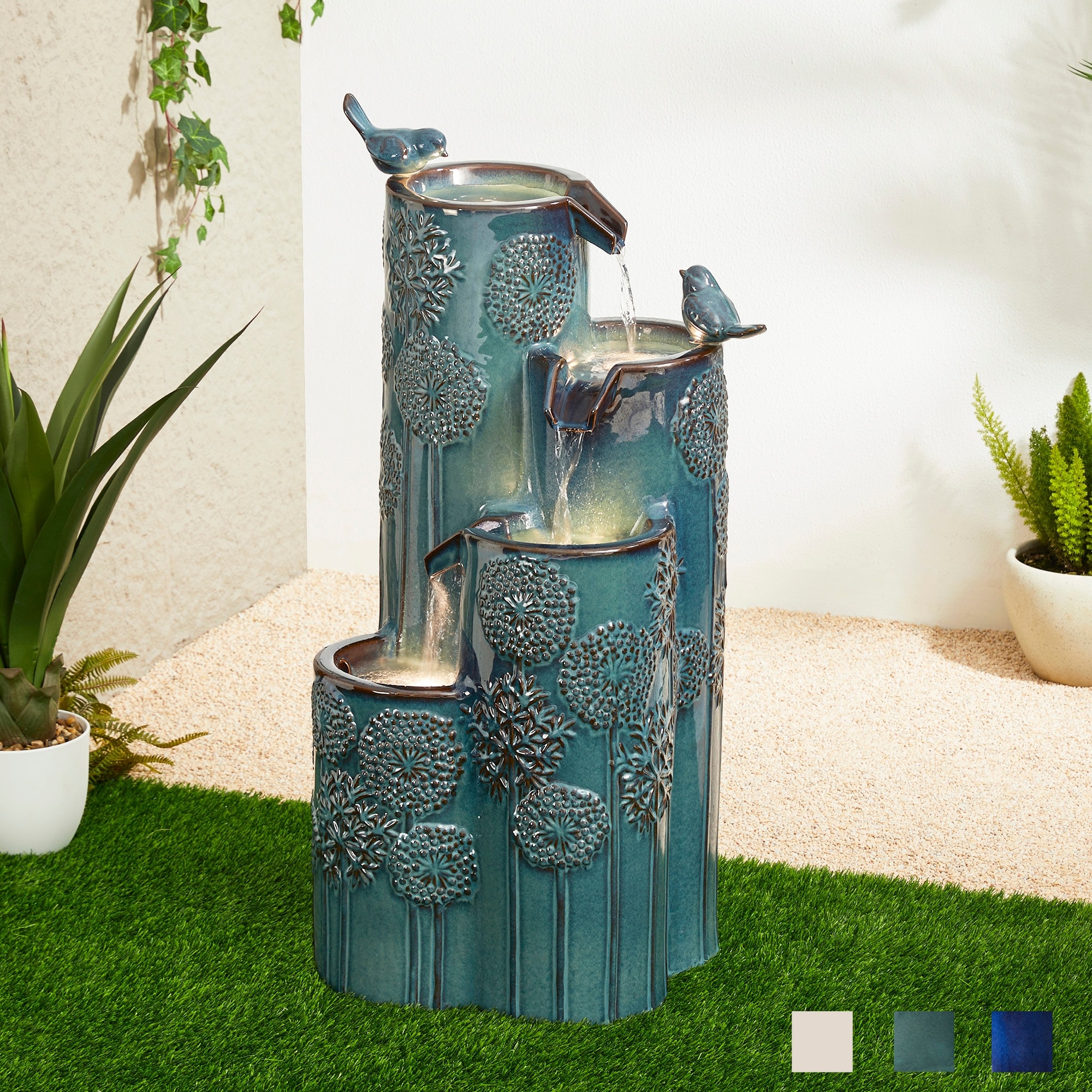 Glitzhome 26"H/ 31"H 4-Tier LED Vase-Shaped Ceramic Outdoor Floor Fountain with Birds/ Lotus
