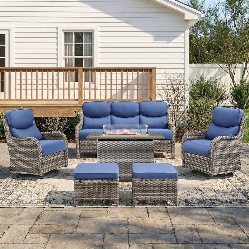 Pocassy Outdoor Fire Pit Sofa Swivel Chairs Conversation Set - Gray Wicker Blue Cushion - 6-Piece Sofa Swivel Chair Ottoman w/ Fie Table