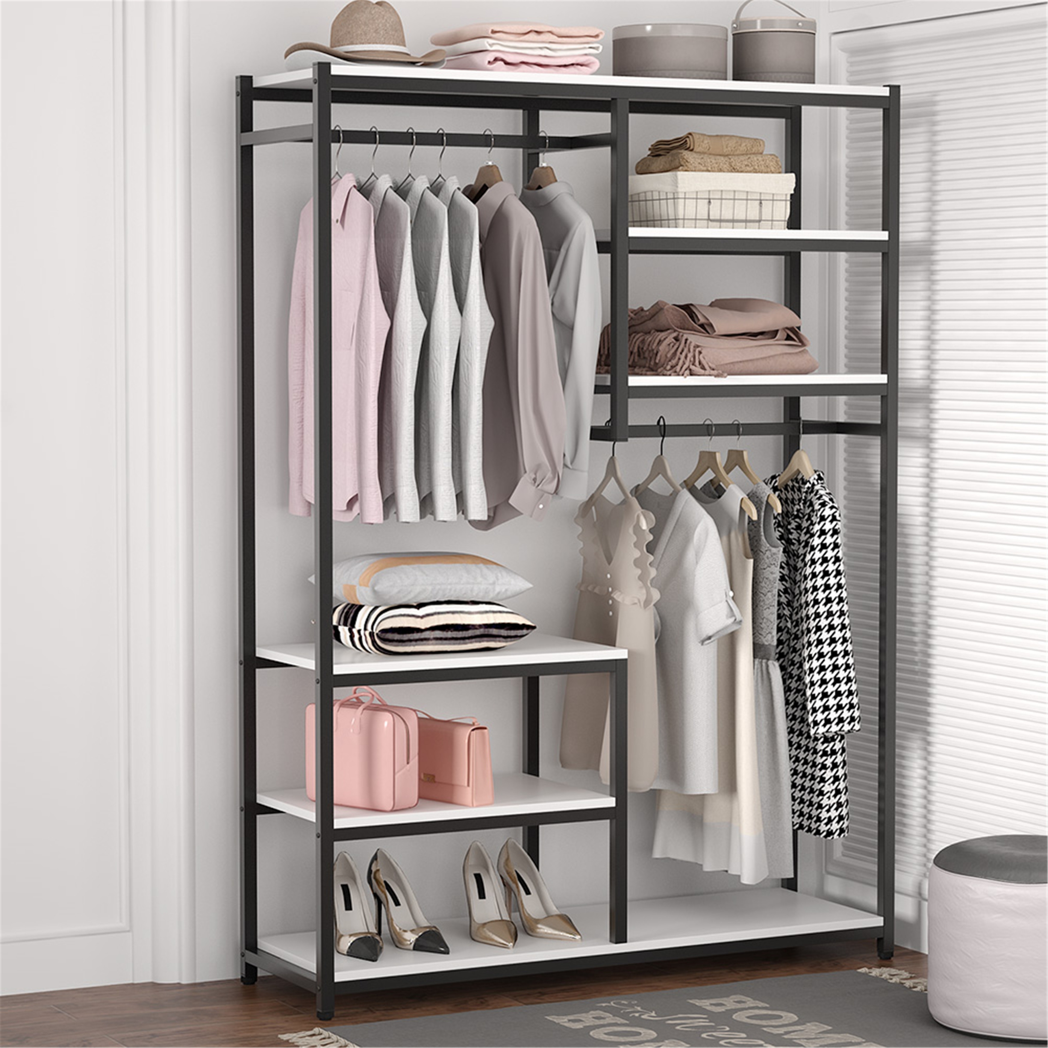 Freestanding Closet Organizer, Garment Rack with 2 Drawers & ShelvesGray in  2023