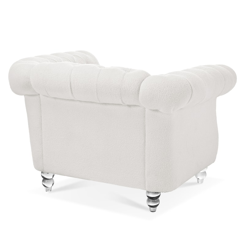 White Teddy Modern 38.98" Upholstered Buttons Tufted Accent Chair with Gourd Shaped Birch Legs and Nailheads