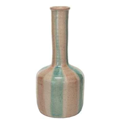 Hand-Painted Terra-cotta Vase with Tall Neck and Crackle Glaze