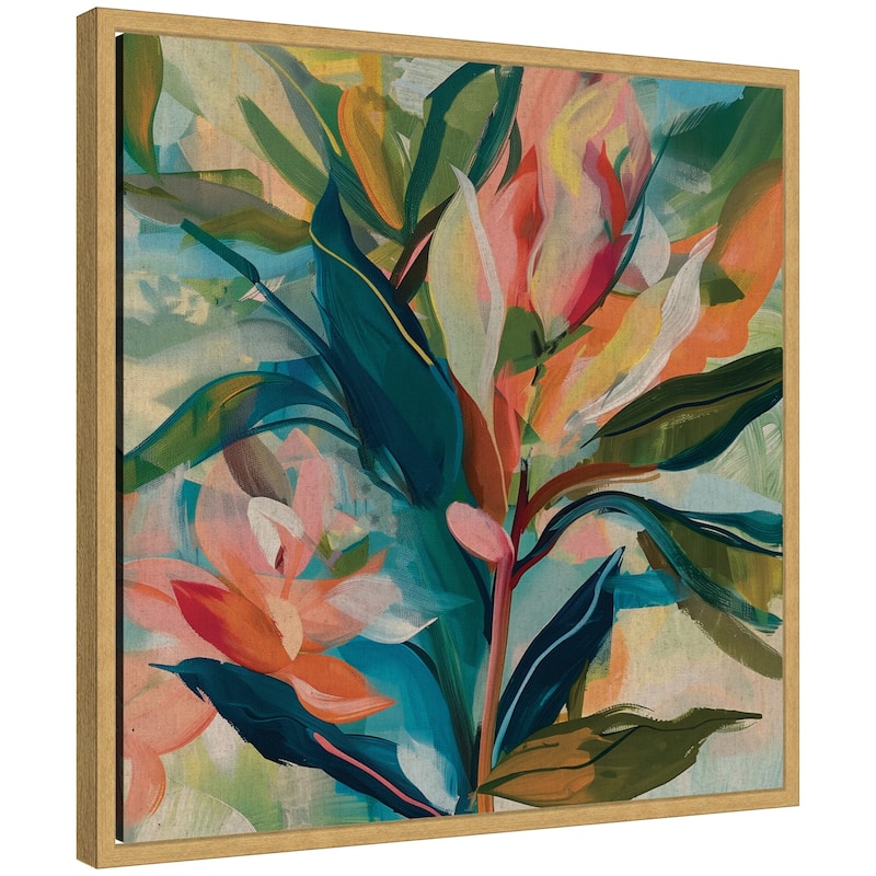 Kate and Laurel Sylvie Colorful Tropic Botanical Abstract Neutral Linen Framed Canvas by The Creative Bunch Studio - 22x22