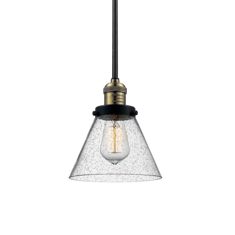 Innovations Lighting Large Cone Single Light 8" Wide Mini Pendant with - Black / Antique Brass / Seedy