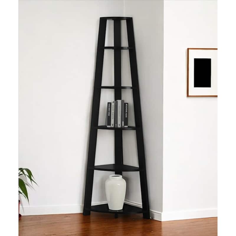HomeRoots 71" Black Wood Five Tier Corner Bookcase - 15.5" W x 22.5" D x 71.25" H