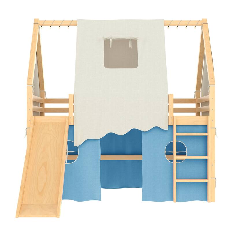 Fairytale Loft Bed Wooden House Bed with Tents, Light Strip and Slide