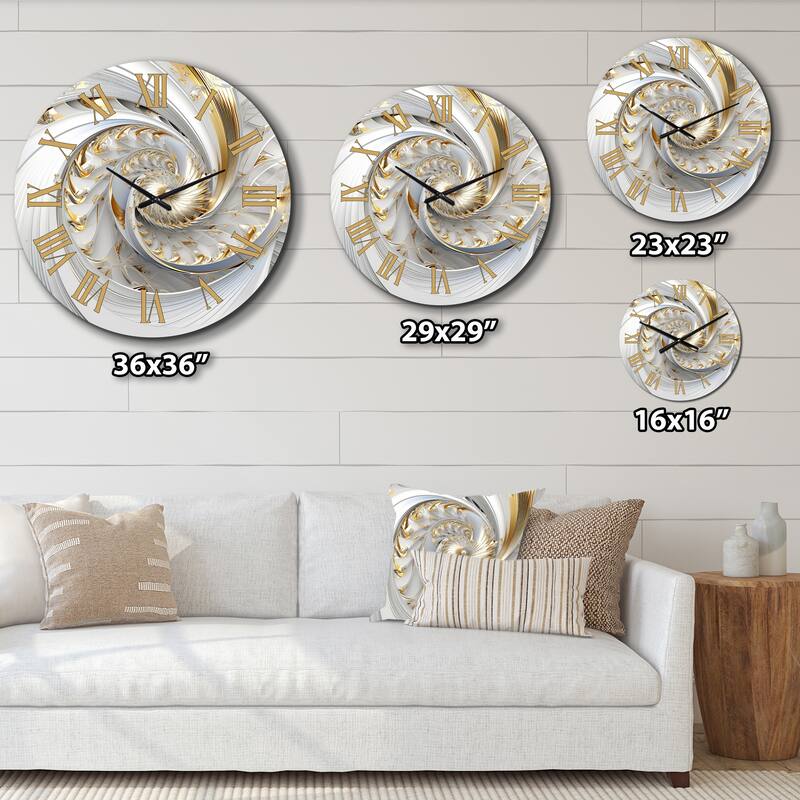 Designart "Whirling While Glam Fractals In Gold And White III" Fractals Oversized Wall Clock