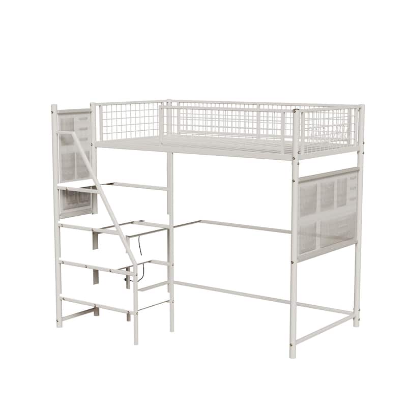 Twin Size Loft Bed with Built-in Charging Station & LED Lighting, Heavy-Duty Metal Loft Bed Frame with Desk & Safety Guardrails