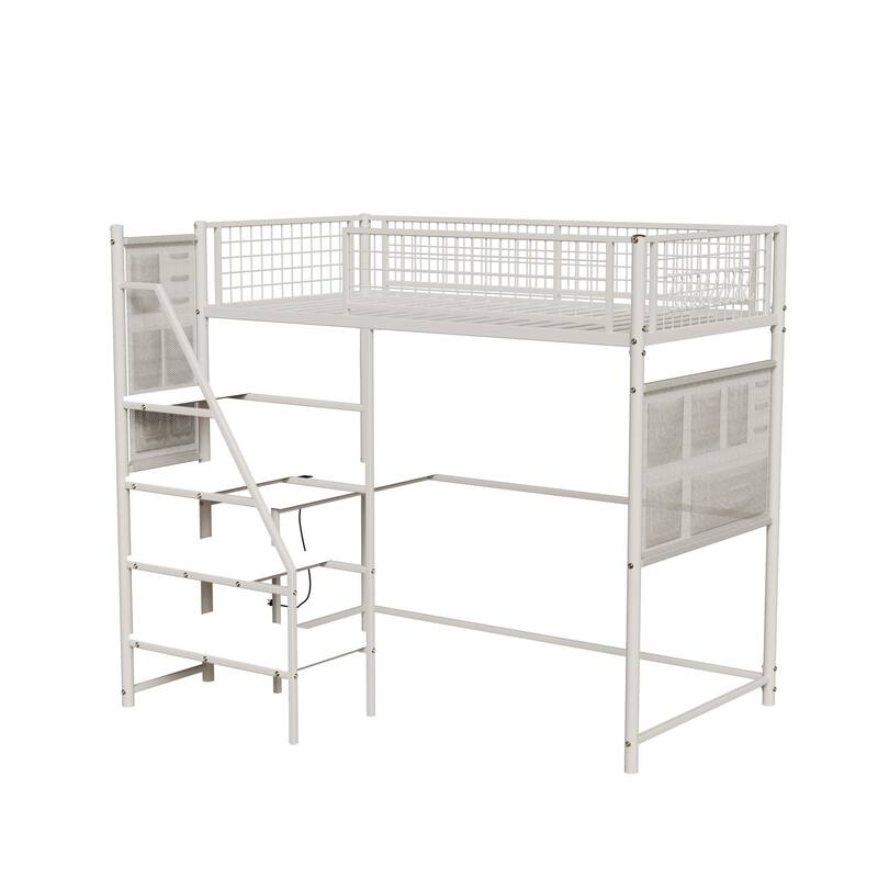 Twin Size Metal Loft Bed with Built-In Charging Station, LED Lighting and Storage Desk