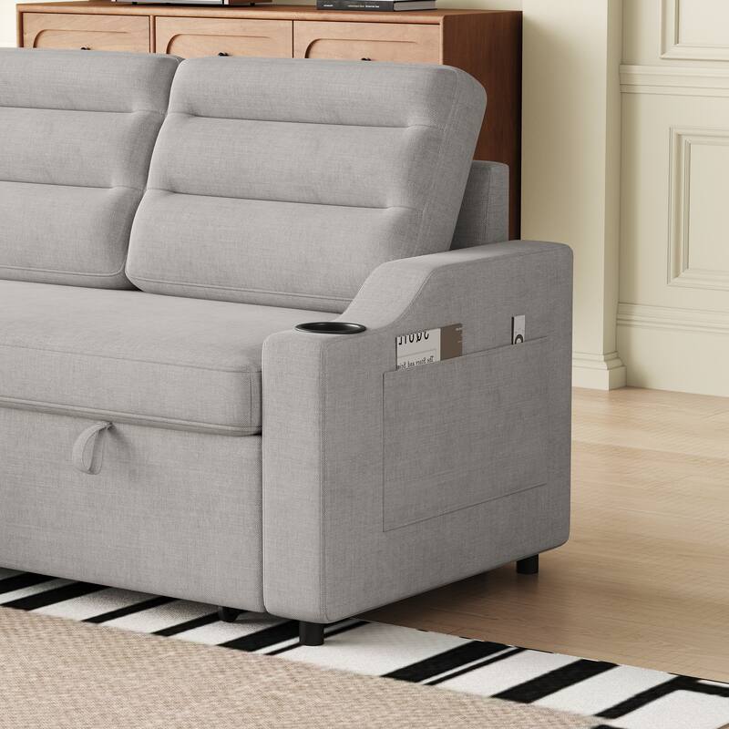 83.5" Convertible Sleeper Sofa - Polyester Sectional Sofa Bed with Pullout Bed and Cup Holder