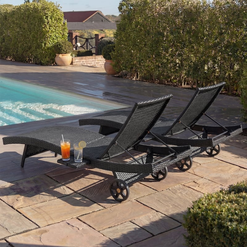 80"Patio Chaise Lounge Chairs Set of 2, Rattan Reclining Chair w/Rolling Wheels & Pull-out Side Table, Adjustable Backrest