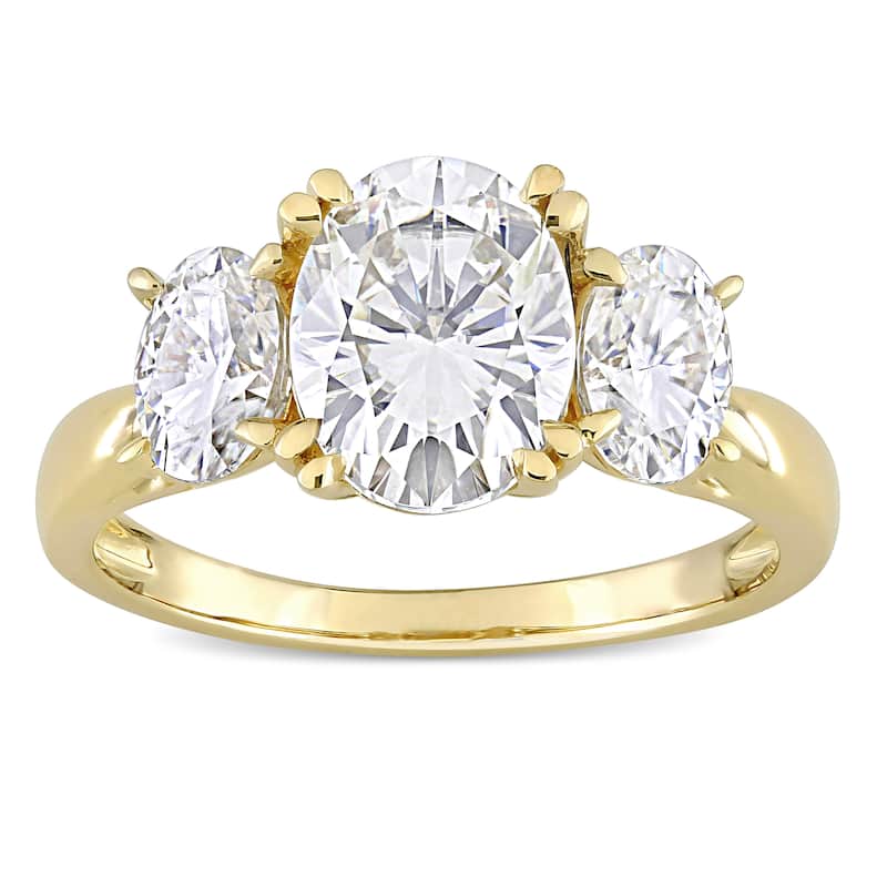 Miadora 10k Yellow Gold 3ct TGW Oval-cut Created White Moissanite 3-Stone Engagement Ring