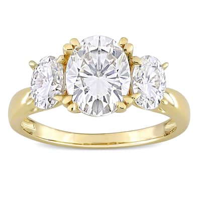 Miadora 10k Yellow Gold 3ct TGW Oval-cut Created White Moissanite 3-Stone Engagement Ring