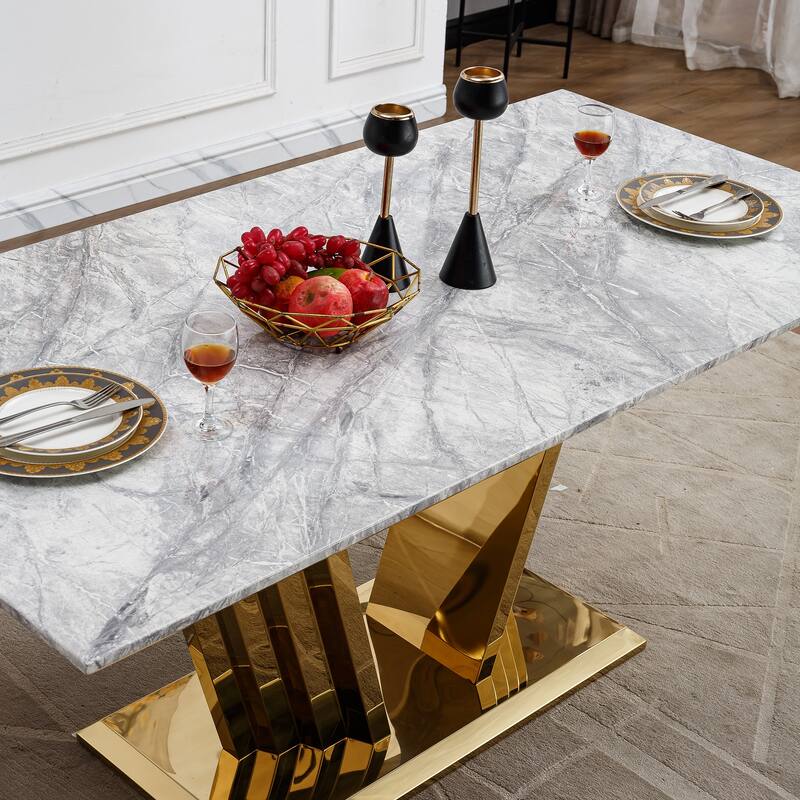 70'' Rectangle Faux Marble Dining Table with Mirrored Finish Stainless Steel Base - Grey+Gold