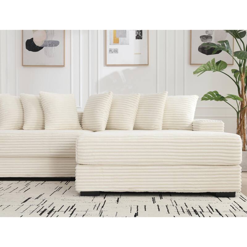 111" Corduroy Upholstered L-Shaped Sectional Sofa with Oversized Right Chaise Longue and 8 Throw Pillows