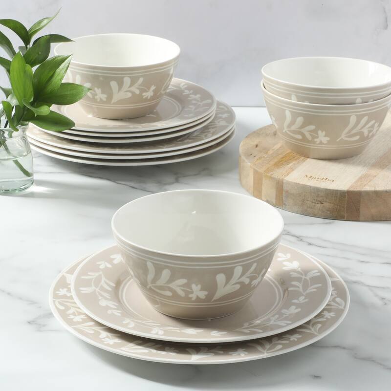 Martha Stewart Maiden Crown 12-Piece Dinnerware Set - Vegan Bone China Ceramic Plates & Bowls - Floral Design - Service for 4