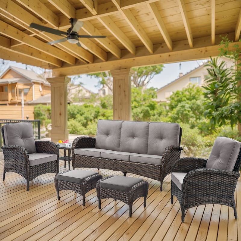 Outdoor Rattan Sofa Club Chair with Ottmans - Grey - Brown