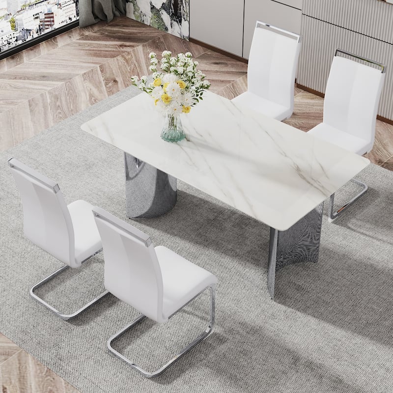 Modern Marble Glass Dining Set with Stainless Steel Legs & PU Chairs