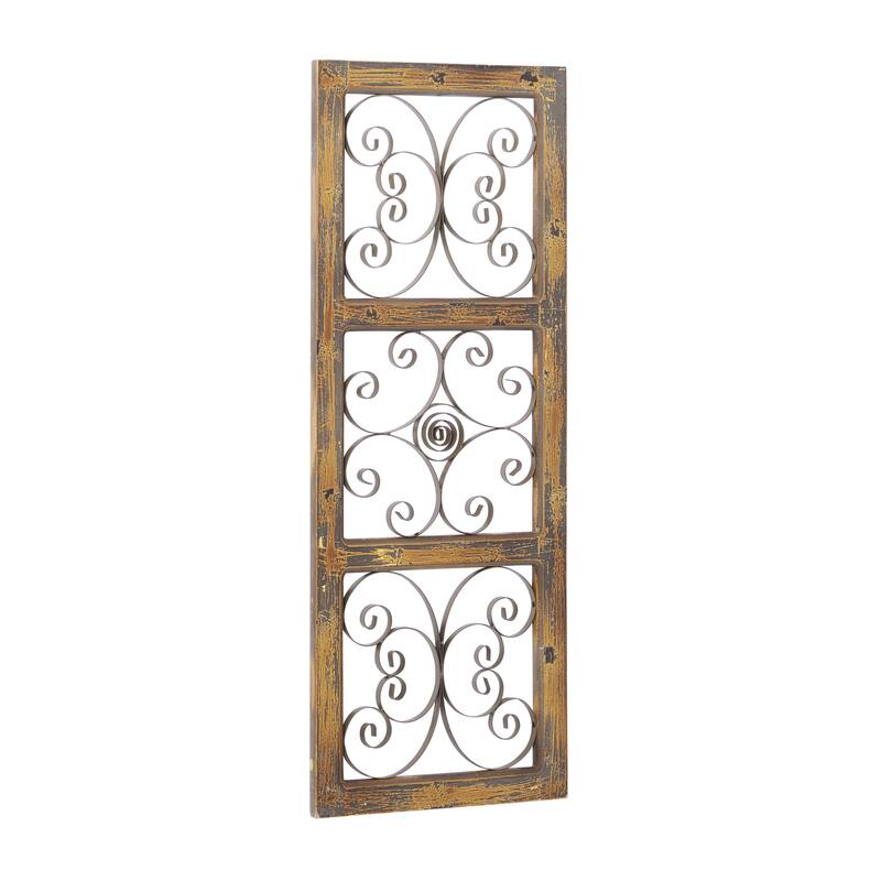 Wood Scroll Distressed Panel Home Wall Decor with Bronze Metal Scrollwork - Brown - Roche River Decor