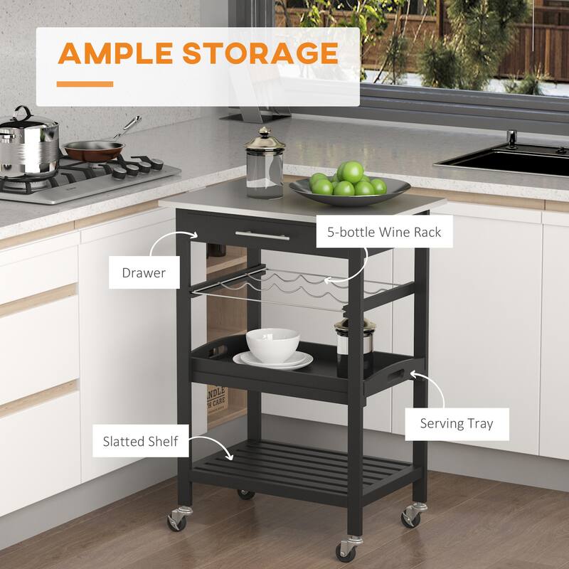Kitchen island cart Rolling Trolley Utility Serving cart with Stainless Steel Tabletop, Wine Rack & Drawer
